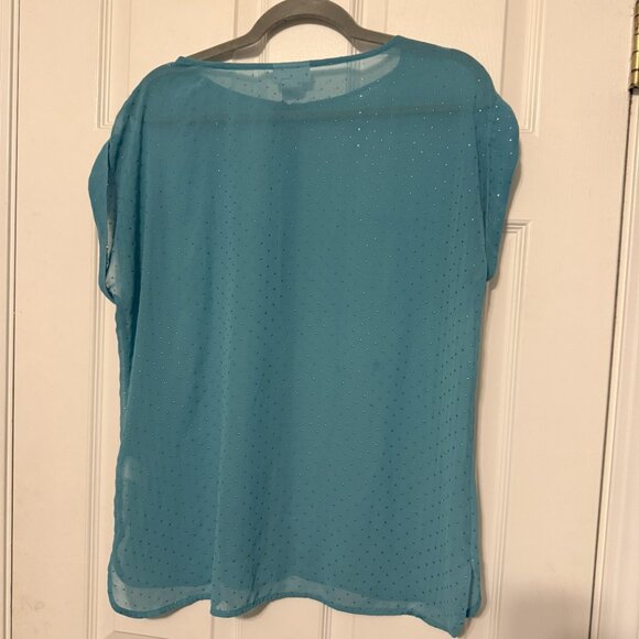 Liz Claiborne Teal w/gold specs Overlay Top Shirt Size Large - Picture 2 of 5